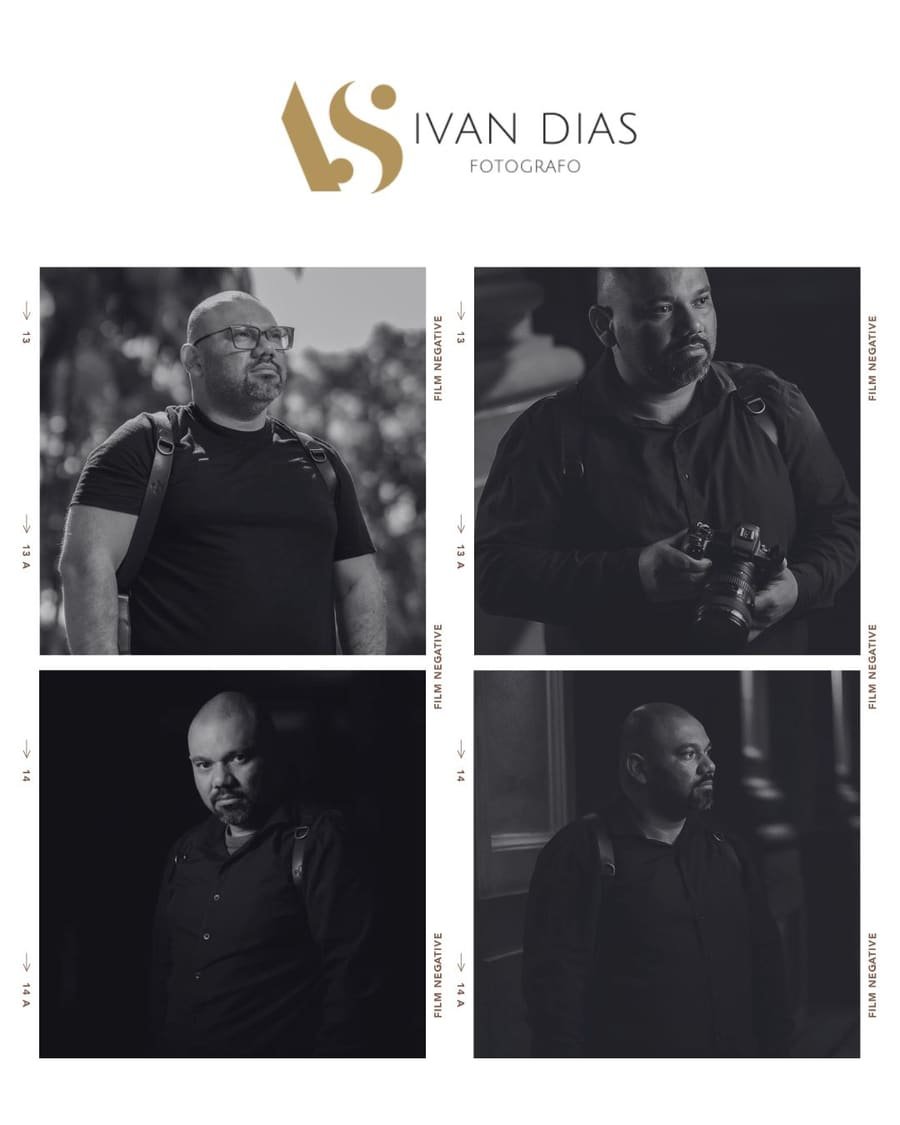 Mosaico de retratos em preto e branco de Ivan Dias, fotógrafo de casamento, com a identidade visual da marca